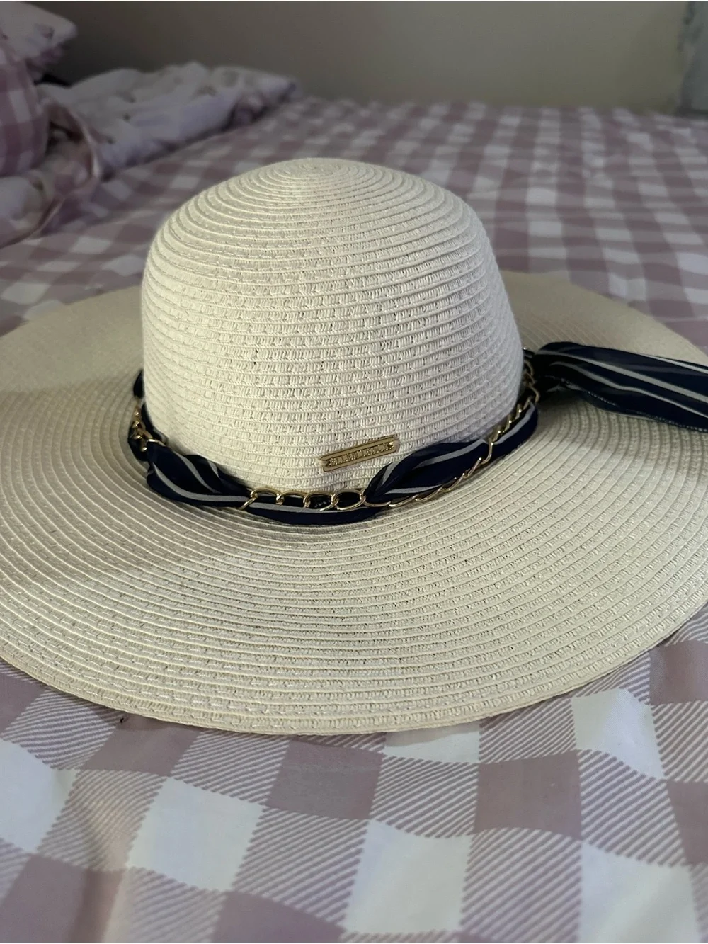 Ellen Tracy Cream Straw Sun Hat with Navy Chain & Ribbon Trim